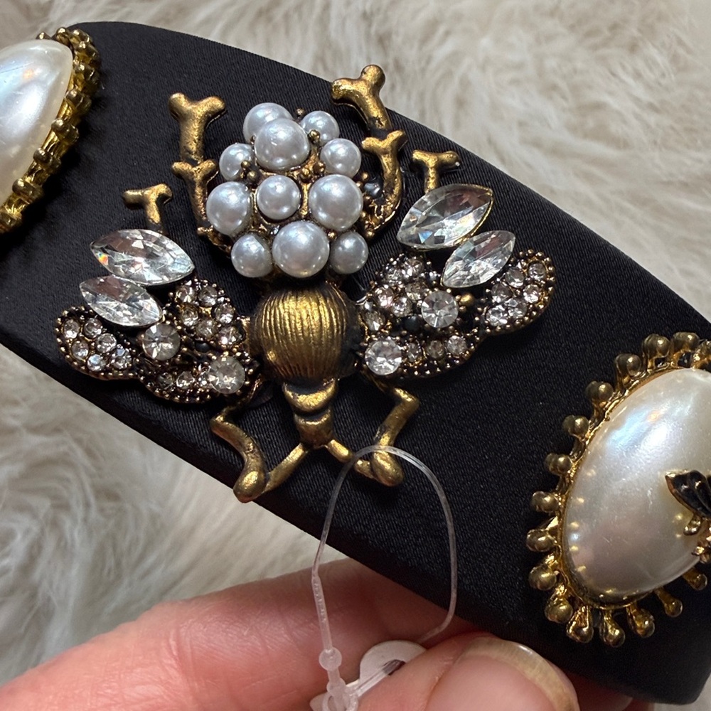 Bee pearl Headband black baroque inspired faux pearls gold tone Victorian *flaw - Picture 1 of 17